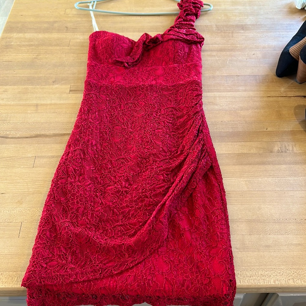 One sleeve red dress - lace with built in slip
